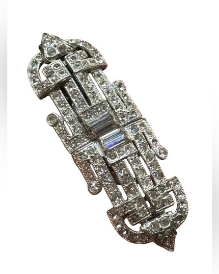Silver Antique  Rhinestone Art Deco crystal Brooch duo duet  Women's