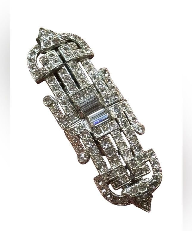 Silver Antique  Rhinestone Art Deco crystal Brooch duo duet  Women's