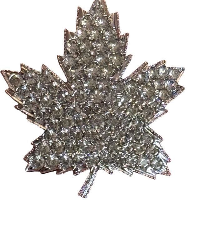 Sparkling CZ rhodium plt Rhinestone Maple Leaf Brooch Keyes