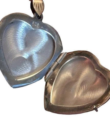 Vintage large sterling Silver 925 etched flat Heart Locket Necklace