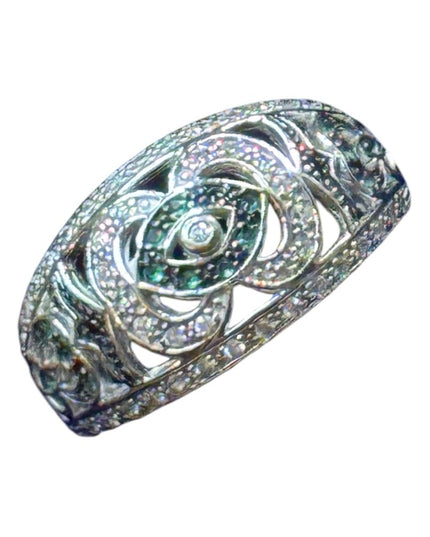 Sterling Silver 925 Diamond & emerald flower design band ring