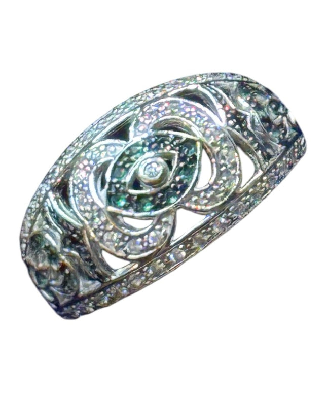 Sterling Silver 925 Diamond & emerald flower design band ring