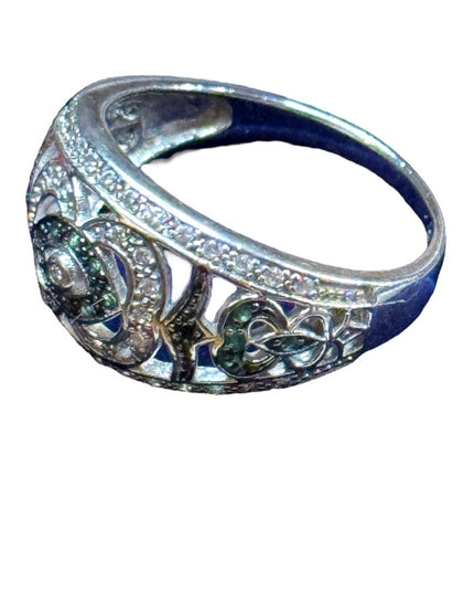 Sterling Silver 925 Diamond & emerald flower design band ring