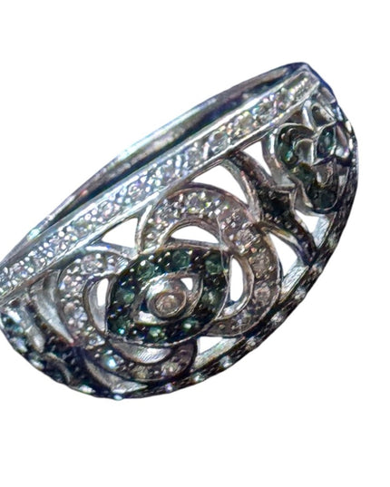 Sterling Silver 925 Diamond & emerald flower design band ring