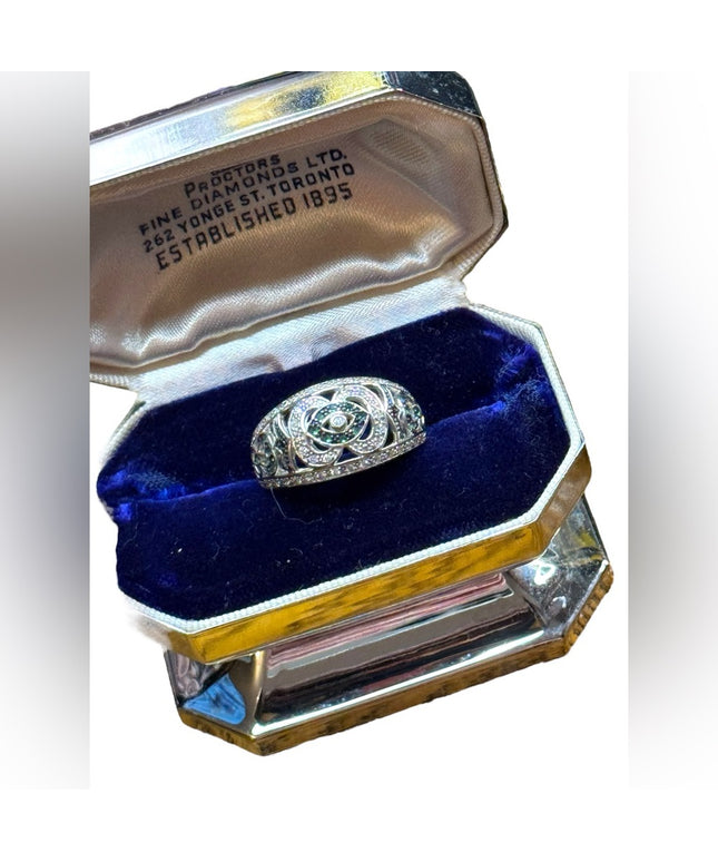 Sterling Silver 925 Diamond & emerald flower design band ring