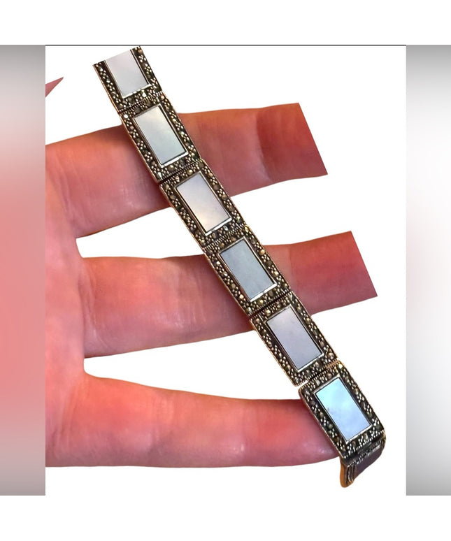 Vintage Mother of Pearl Bracelet Marcasite Sterling Silver Bracelet 925