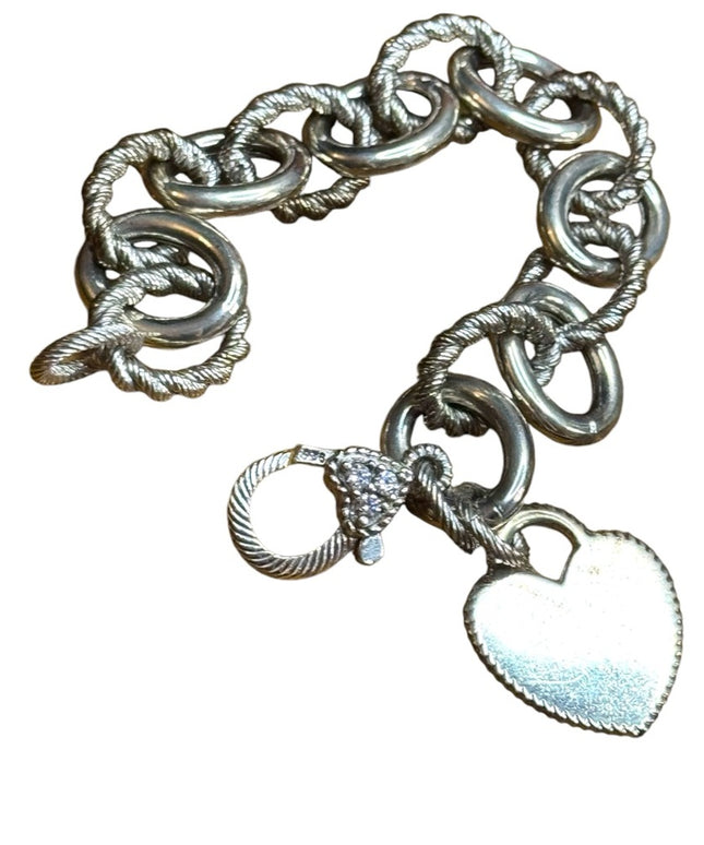 Judith Ripka Chain Bracelet Heart Charm Initial C Sterling Silver 925 CZ