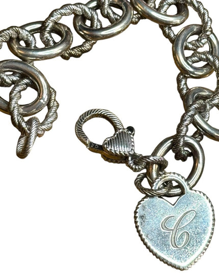 Judith Ripka Chain Bracelet Heart Charm Initial C Sterling Silver 925 CZ