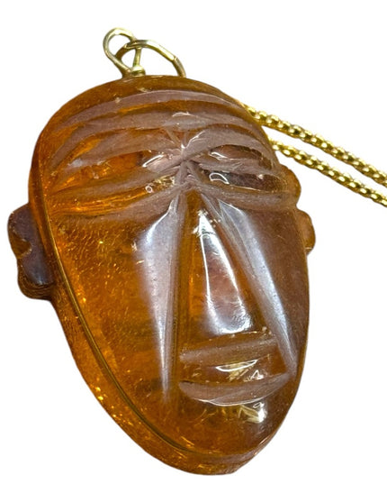 Vintage GF gold Amber carved Tribal Face Pendant Necklace