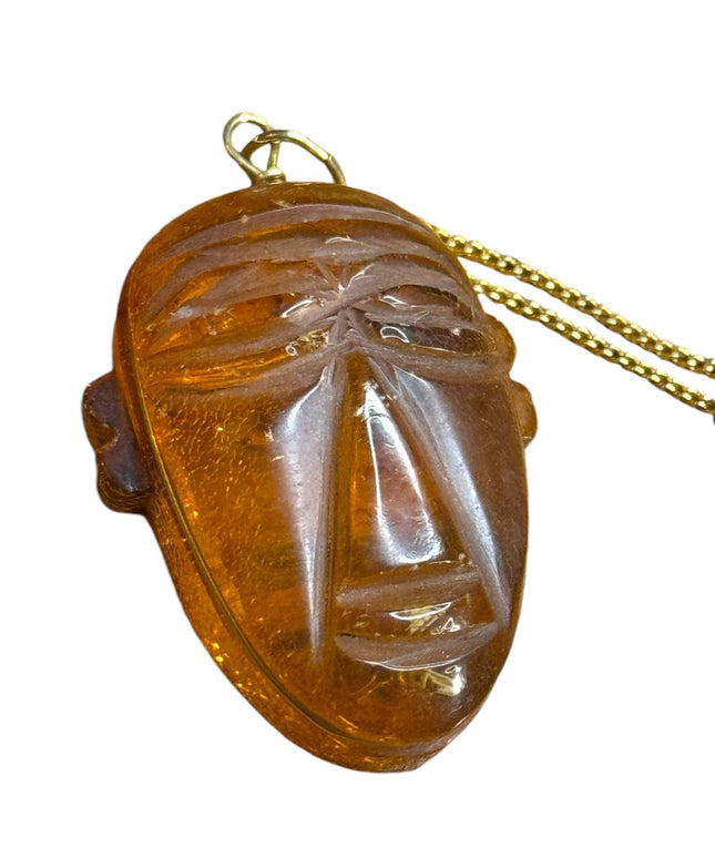Vintage GF gold Amber carved Tribal Face Pendant Necklace