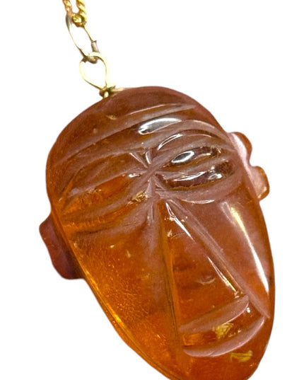 Vintage GF gold Amber carved Tribal Face Pendant Necklace