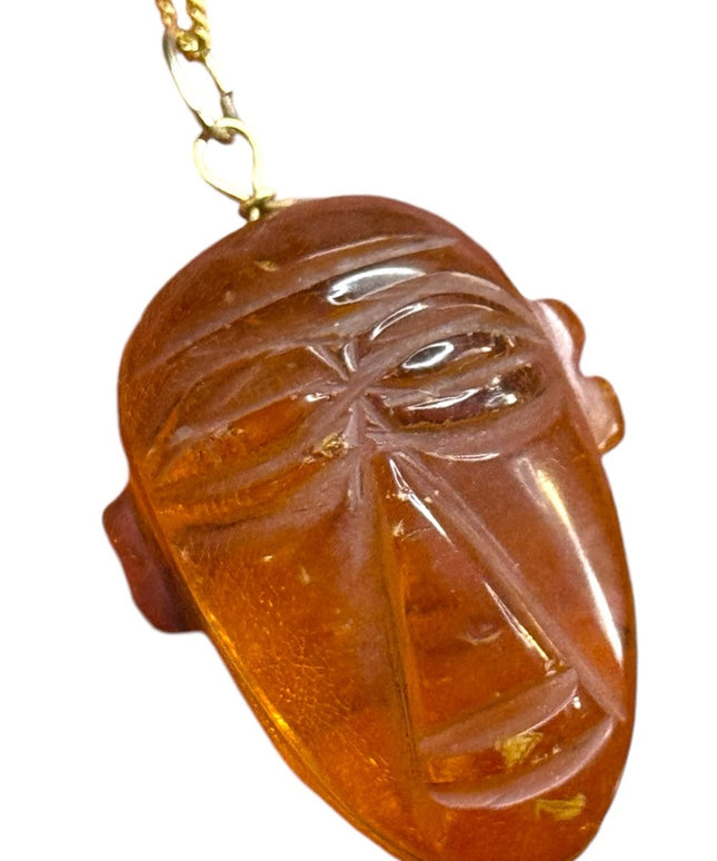 Vintage GF gold Amber carved Tribal Face Pendant Necklace