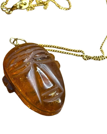 Vintage GF gold Amber carved Tribal Face Pendant Necklace