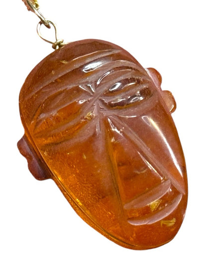 Vintage GF gold Amber carved Tribal Face Pendant Necklace