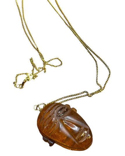 Vintage GF gold Amber carved Tribal Face Pendant Necklace