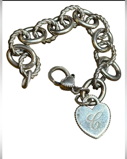 Judith Ripka Chain Bracelet Heart Charm Initial C Sterling Silver 925 CZ