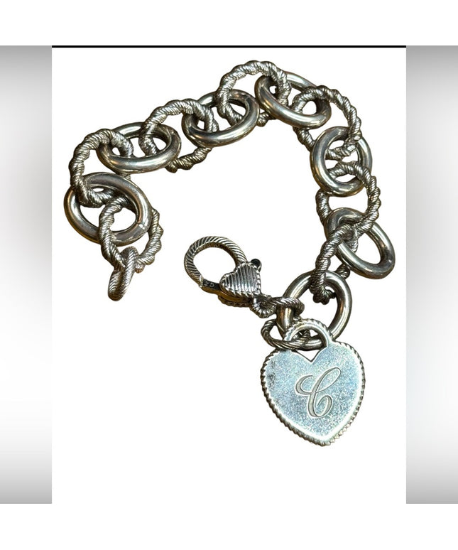 Judith Ripka Chain Bracelet Heart Charm Initial C Sterling Silver 925 CZ