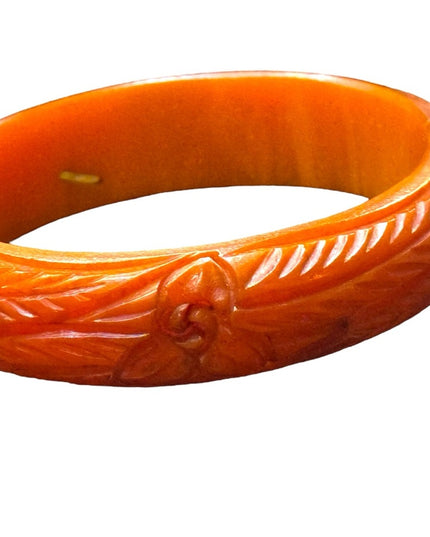 Antique early plastic celluloid colorful Orange Carved Bangle Bracelet