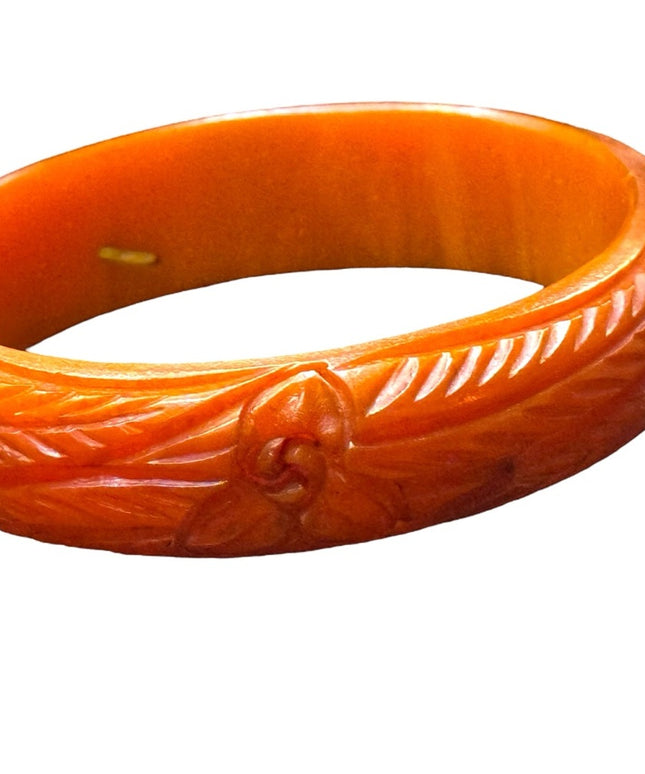Antique early plastic celluloid colorful Orange Carved Bangle Bracelet