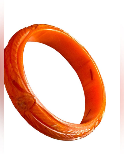 Antique early plastic celluloid colorful Orange Carved Bangle Bracelet