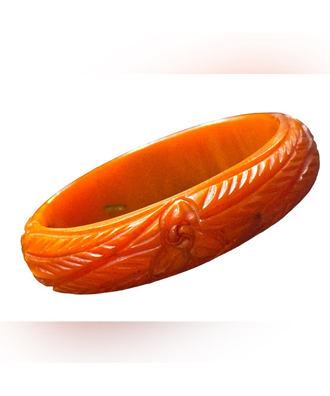 Antique early plastic celluloid colorful Orange Carved Bangle Bracelet