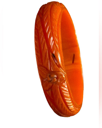 Antique early plastic celluloid colorful Orange Carved Bangle Bracelet