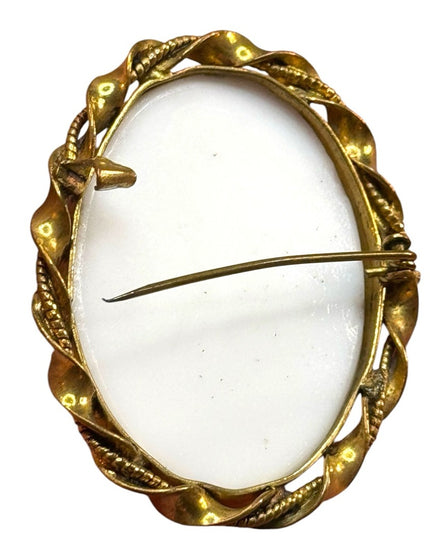 Elegant vintage Gold twist bezel gilt milk glass Cameo Brooch
