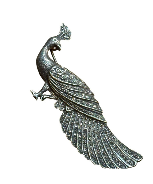 Vintage sterling Silver 925 Peacock marcasite  Brooch