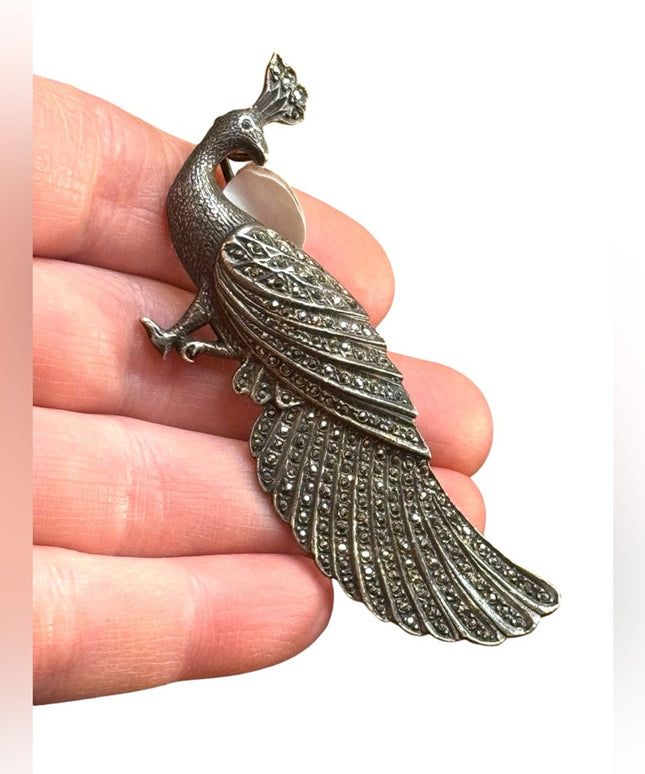 Vintage sterling Silver 925 Peacock marcasite  Brooch