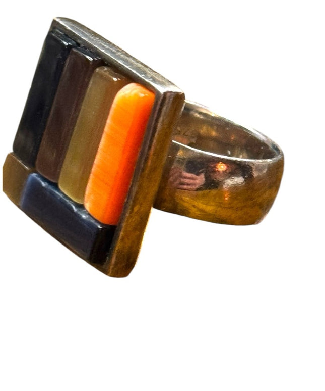 Vintage colorful stone MOP Geometric Southwestern 925 Sterling silver ring