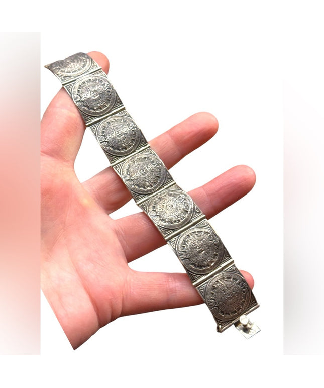 Vintage Sterling Silver 925 TAXCO Aztec Mayan Mexico Calendar  Bracelet