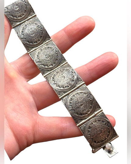 Vintage Sterling Silver 925 TAXCO Aztec Mayan Mexico Calendar  Bracelet