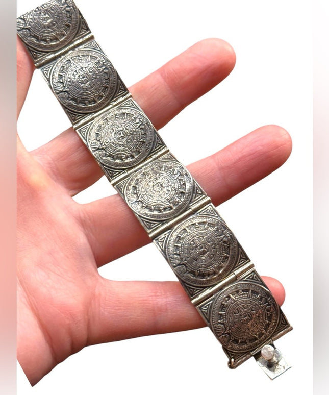 Vintage Sterling Silver 925 TAXCO Aztec Mayan Mexico Calendar  Bracelet