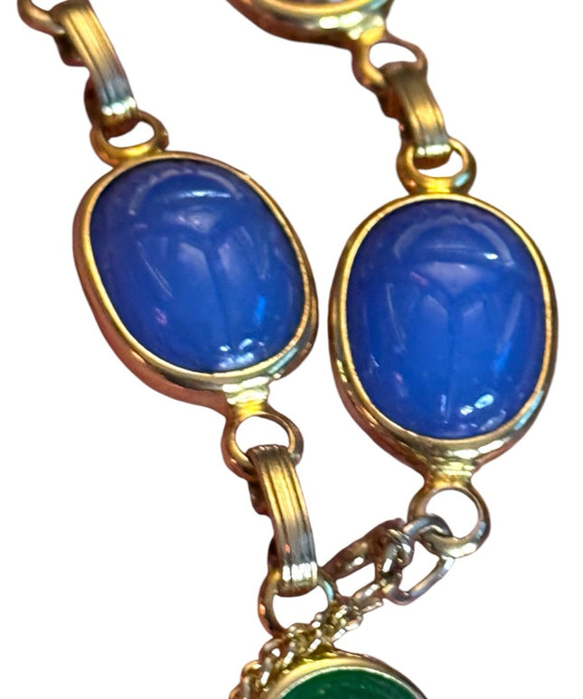 Multicolor vintage gold filled stone egyptian Scarab  Gemstone Bracelet