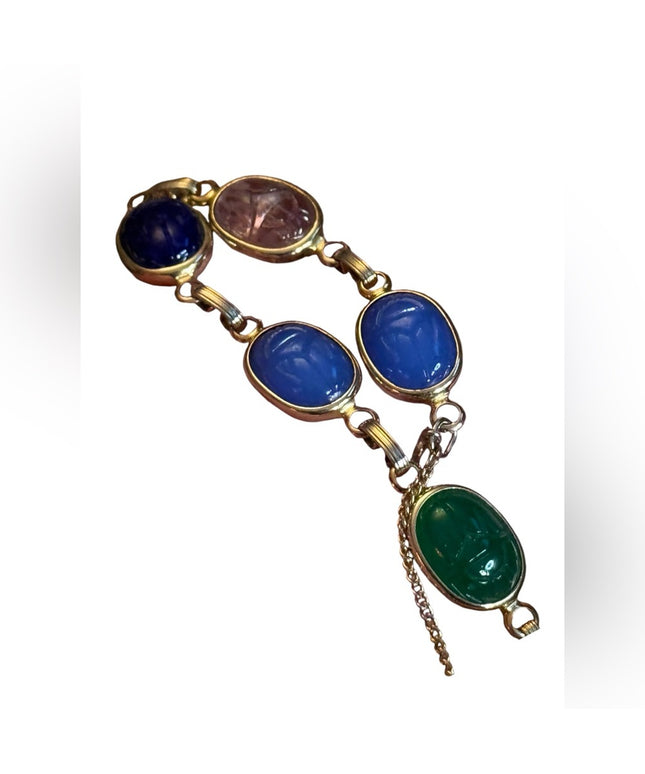 Multicolor vintage gold filled stone egyptian Scarab  Gemstone Bracelet