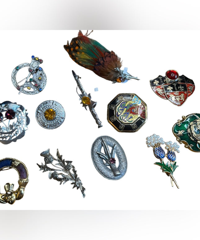 Vintage Brooch Collection  11 pcs Mizpah Celtic
Scottish enamel feather LOT