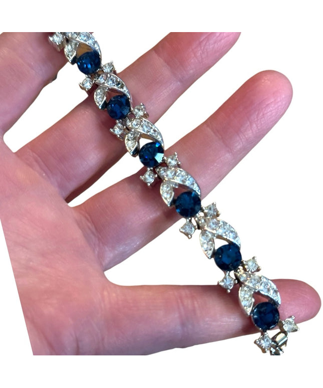 Vintage Elegant LISNER  Blue & clear crystal Silver finish Bracelet