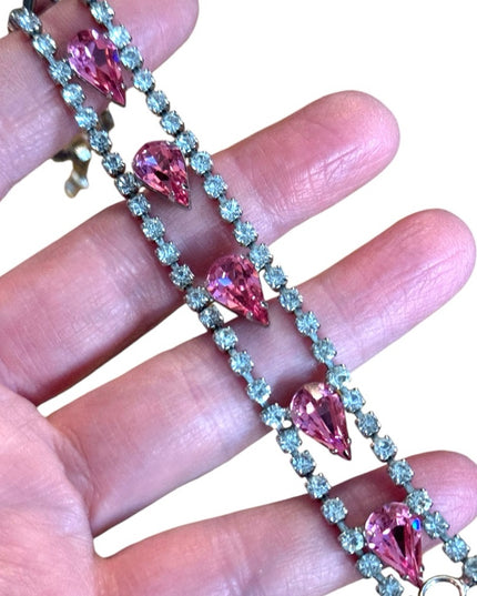 Vinatge 1970s Elegant Pink & clear crystal Teardrop bracelet