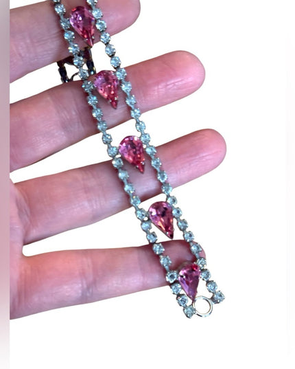 Vinatge 1970s Elegant Pink & clear crystal Teardrop bracelet