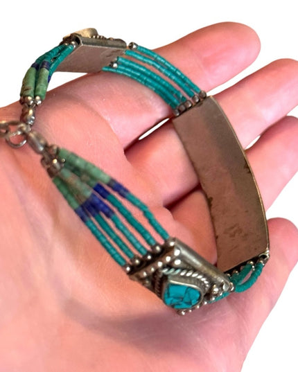Vintage Turquoise micro bead malachite & lapis Beaded Bracelet