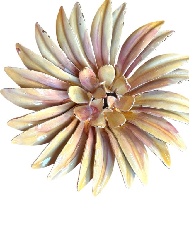 Vintage 1960s Large metal fancy creamy flower brooch