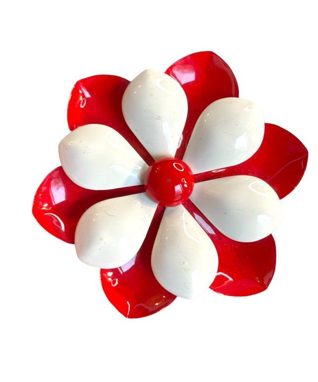 Vintage Red and White metal Flower Brooch