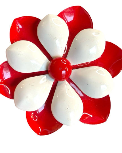 Vintage Red and White metal Flower Brooch