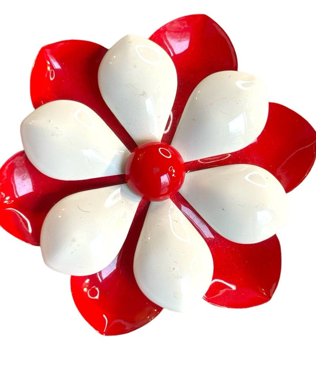 Vintage Red and White metal Flower Brooch