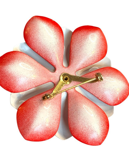 Vintage Red and White metal Flower Brooch
