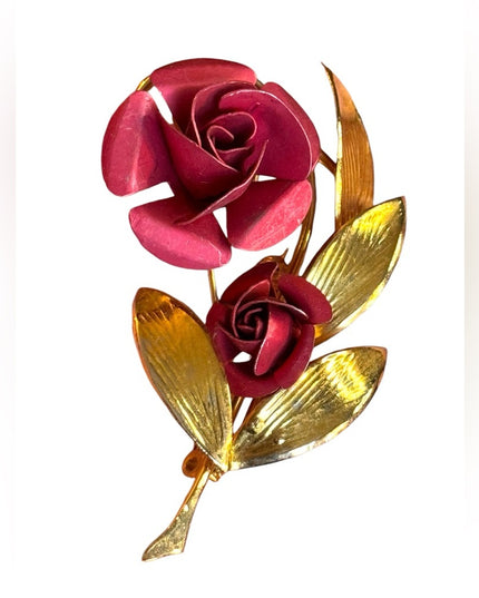 Vintage Gold and Red Rose Brooch 1960s fancy