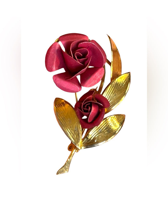 Vintage Gold and Red Rose Brooch 1960s fancy