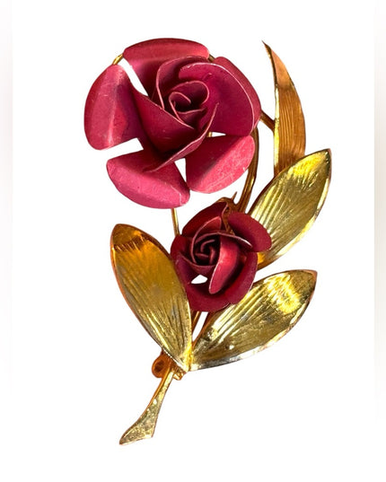 Vintage Gold and Red Rose Brooch 1960s fancy