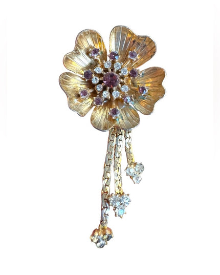 Vintage Gold Floral flower  dangle brooch Purple & clear crystal Accents