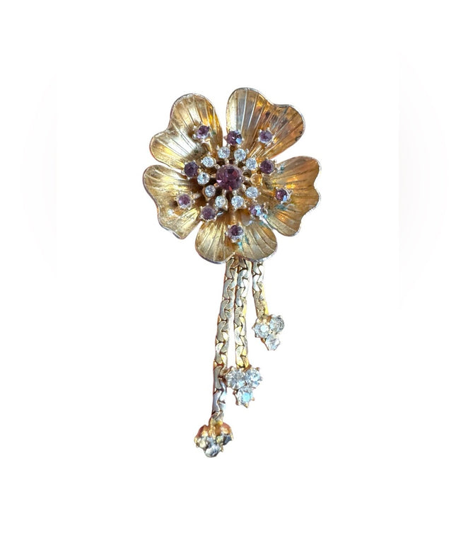 Vintage Gold Floral flower  dangle brooch Purple & clear crystal Accents